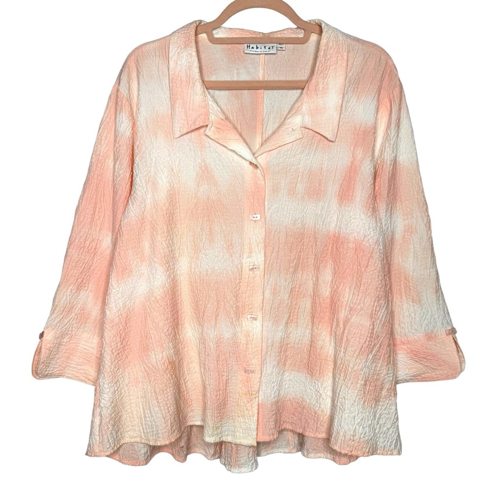 Habitat Clothes To Live In XL Peach Crinkle Textured Button Front Top Lagenlook